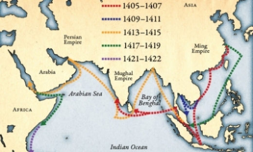 The voyages of Zheng He, who was one of the greatest admirals in history. Unlike all the marauding, 15th-17th century European pirates, whom we mythically call “explorers” and “settlers”, the Chinese traded goods, technology and diplomacy everywhere they sailed, not committing genocide, rape, slavery and theft. (Image by Rochester.edu)